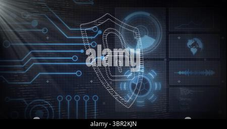 Wireframe shield with lock icon floating in dark grid interface, with circuit lines and data panels Stock Photo