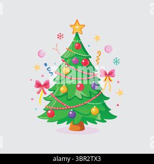 "Christmas Tree with Star, Ornaments, and Snowflakes" Stock Vector