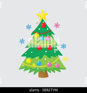 "Christmas Tree with Star, Ornaments, and Snowflakes" Stock Vector