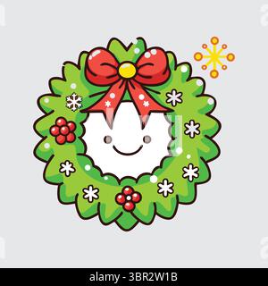 "Smiling Christmas Wreath with Red Bow and Snowflakes" Stock Vector