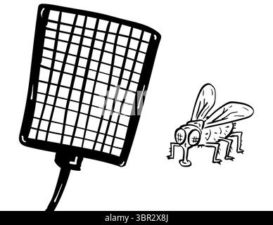 Cartoon style illustration of a of fly swatter and housefly being swatted on isolated background done in black and white. Stock Vector