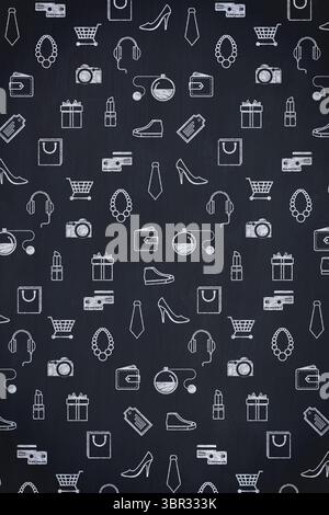 Repeating grid is showing chalk-like line art shopping icons in white on dark slate background Stock Photo