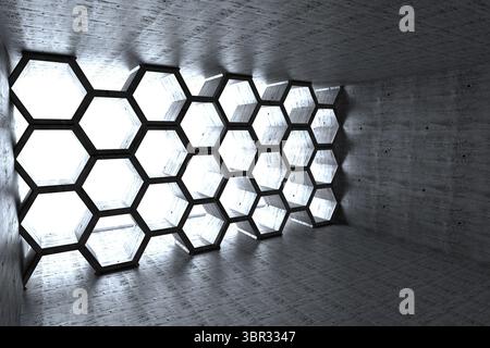 Minimalist concrete chamber is featuring honeycomb hexagonal grid casting bright light and shadows Stock Photo