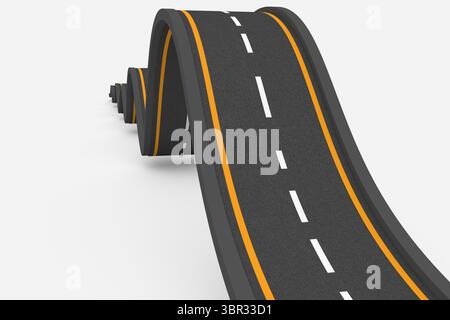 Wavy asphalt road is undulating in 3D with yellow edges and white dashed lines, copy space Stock Photo