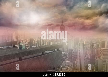 City skyline is unfolding beneath concrete railing in 3D render featuring spire-topped tower Stock Photo