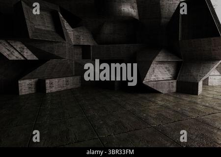 Angular concrete wall sculpture is appearing in flat design industrial space with tiled metal floor Stock Photo