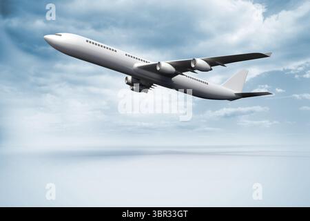 White commercial jet airliner is flying diagonally upward in flat design against bright blue sky Stock Photo
