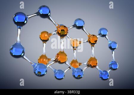 3D molecular model is floating on gray gradient backdrop and showing blue orange spheres with rods Stock Photo