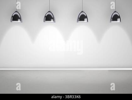 Four chrome dome lights are casting soft semicircle glows on plain white wall, flat style Stock Photo