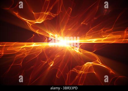 Abstract fiery ribbons are radiating golden-orange energy in dark space, flat design illustration Stock Photo