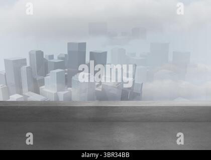 Concrete rooftop platform is showing dense fog shrouding skyscraper skyline in flat design Stock Photo