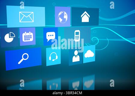 Grid of floating digital interface tiles is hovering over glowing teal gradient with function icons Stock Photo