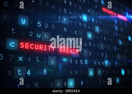 Glowing red SECURITY BREACH alert is floating over flat design code grid with drifting code blocks Stock Photo