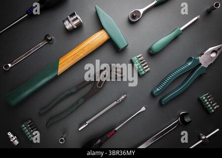 Set of tools over black background, top view with space for text Stock Photo