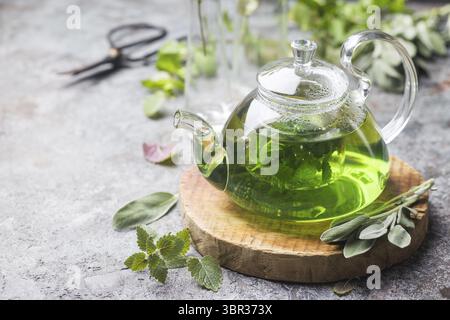 Hot herbal sedative mint tea drink in a glass teapot on wooden tray with fresh garden mint and sage leaves over gray background Stock Photo