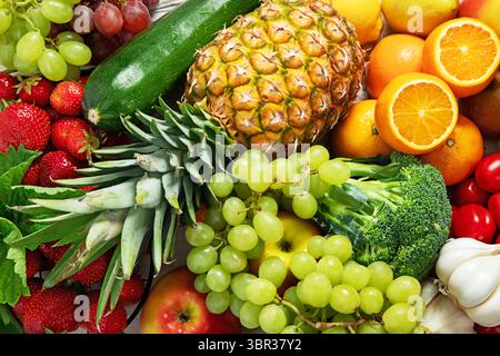 Various of healthy fresh vegetables and fruits. Healthy food for diet. Vegan food concept Stock Photo