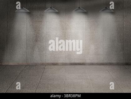 Empty interior is being shown in flat design, with concrete panels, tile flooring and pendant lamps Stock Photo