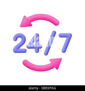 Purple numbers 24/7 with two pink circular arrows around them. Full time service, round the clock support and availability concept. 3d vector icon. Ca Stock Vector