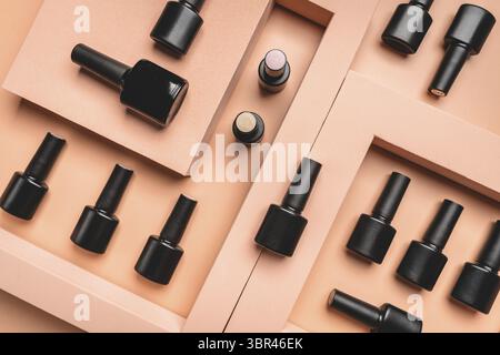 Set of manicure tools and accessories for nail polish and design on a pink background. Flat lay, top view with Copy space Stock Photo