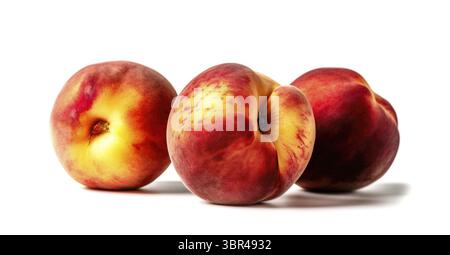 Ripe juicy peaches isolated on white background. Three whole peaches Stock Photo
