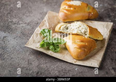 Homemade chicken and mushroom mini pies on paper Stock Photo