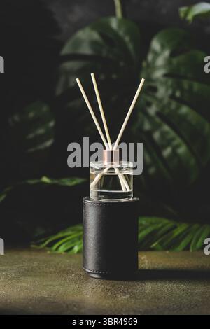Aroma reed diffuser, home fragrance bottle with rattan sticks and smell of freshness on dark background with green palm leaves Stock Photo