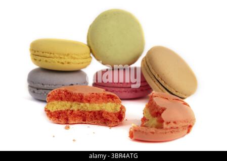 A pile of delicious multicolored macaroons, front view. Studio shot Stock Photo