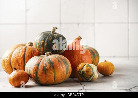 Thanksgiving or Halloween autumn decorations with heirloom mini reen and orange pumpkins against a rustic white autumn background Stock Photo