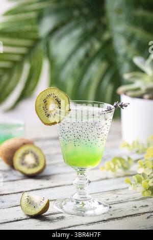 Cold cocktail kiwi drink in a glass with fresh fruits on white background Stock Photo