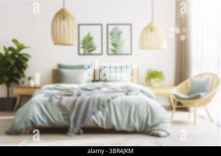 Abstract blur bedroom interior for background. Defocused bedroom interior background illuminated by sunlight Stock Photo