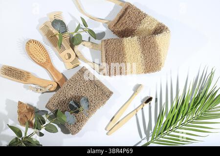 Set of eco friendly body care items, bamboo toothbrushes, wooden massage brushes and combs, natural washcloths, spa and wellness composition, mockup, Stock Photo