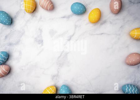 Happy Easter background with easter eggs. Easter background with copy space. Flat lay. with marble background Stock Photo