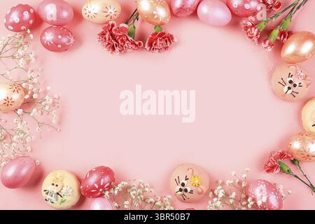 Happy Easter concept, greeting card, background. Decorated pink Easter eggs on a gentle background. Holiday minimal concept.Spring composition with ca Stock Photo