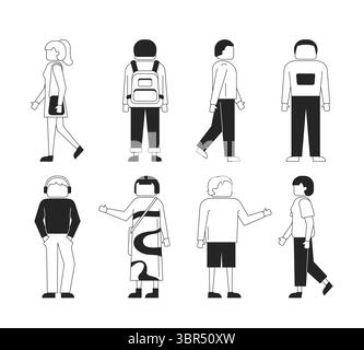 Diverse modern faceless people in various poses and outfits 2D line characters set Stock Vector