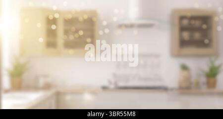 Blur background interior design, minimalistic classic kitchen with wooden and white details Stock Photo