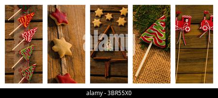 Christmas-themed flat-lay display is showing tree-shaped lollipops, cookies and wooden ornaments Stock Photo
