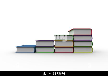 Colorful hardcover books are rising in stepped formation on white background in 3D render Stock Photo