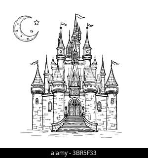 Mystical castle with towers and flags, black and white silhouette sketch. Vector illustration. Ancient stone castle and moon, isolated on white Stock Vector