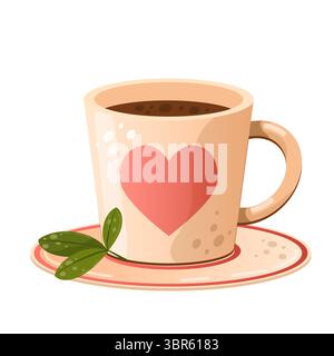 Vector illustration of a hot drink. Invigorating tea, coffee. Flat light mug with a heart on a white background. Stock Vector