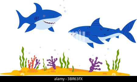 Two Sharks wild animals with algae and coral on sandy seabed. Vector illustration in a flat style Stock Vector