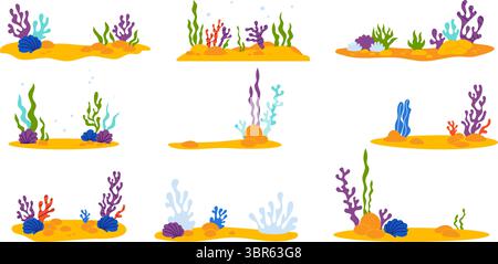 Underwater sea plants. Tropical flora, seaweed, shells and Coral on sandy seabed collection. Isolated undersea landscapes on white background. Vector Stock Vector