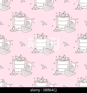 Outline Seamless Pattern with Guava Creamy sweet dessert with tropical Fruit slices and Mint leaves on light Pink Background. Summer Exotic food. Line Stock Vector