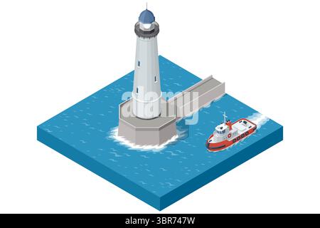 An Isometric illustration of a tall, modern lighthouse connected by a bridge to a pilot boat navigating the surrounding blue water, symbolizing Stock Vector