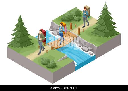 An Isometric scene of hikers with backpacks crossing a wooden suspension bridge over a flowing stream, surrounded by green landscape and tall trees Stock Vector