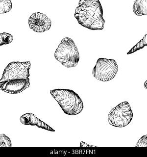 Seamless pattern with variety of hand drawn seashells in black and white. Hand drawn vector illustration in sketch style. Perfect for textiles fabric Stock Vector
