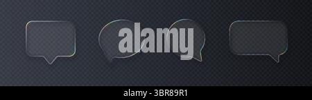 Set of realistic glossy glass speech bubbles in liquid glass style with refraction effect, isolated on dark background. Vector 3D illustration. Stock Vector
