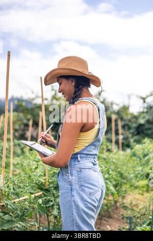 vertical Young Latin American farmer woman wearing straw hat and denim dungarees is using tablet and stylus in a tomato plants field, she's smiling an Stock Photo