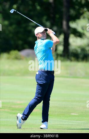 August 23, 2020: Rory McIlroy, of Northern Ireland, hits his second shot on the 15th hole during the final round of the Northern Trust PGA golf tournament in Norton, Mass. Eric Canha/CSM(Credit Image: &copy; Eric Canha/CSM via ZUMA Wire) Stock Photo