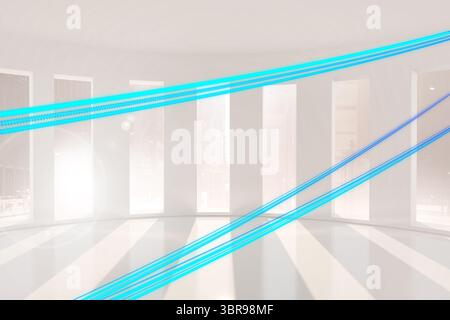 Flat design showing blue diagonal beams slicing curved white hall with mirror floor and windows Stock Photo