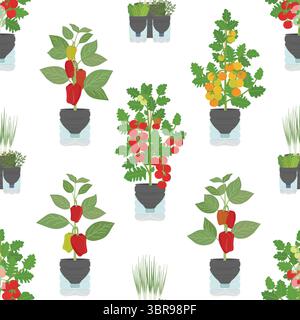 Seamless pattern of plastic bottle planters on white background. Vertical garden, urban farming concept. Hand-drawn vector illustration. Stock Vector